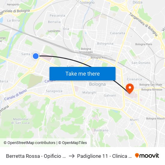 Berretta Rossa - Opificio Golinelli to Padiglione 11 - Clinica Medica map