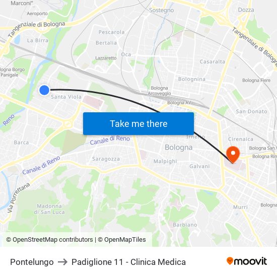 Pontelungo to Padiglione 11 - Clinica Medica map