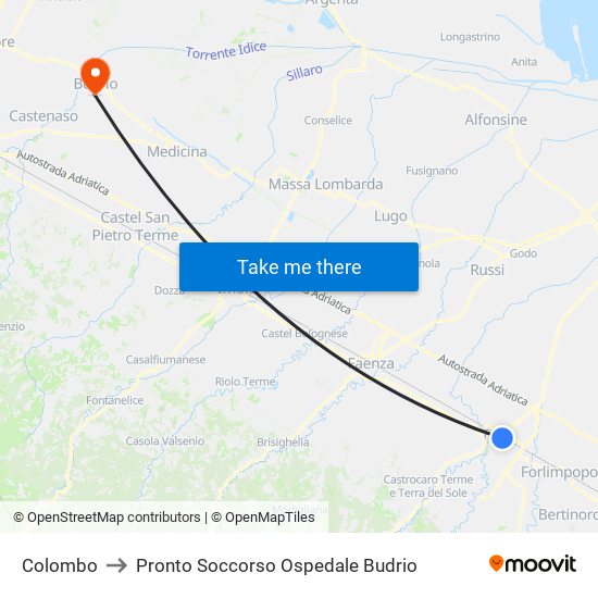 Colombo to Pronto Soccorso Ospedale Budrio map