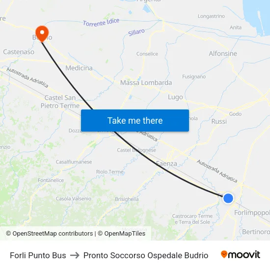 Forli Bus Terminal to Emergency Room Budrio Hospital map