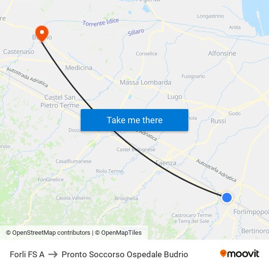 Forli FS A to Pronto Soccorso Ospedale Budrio map