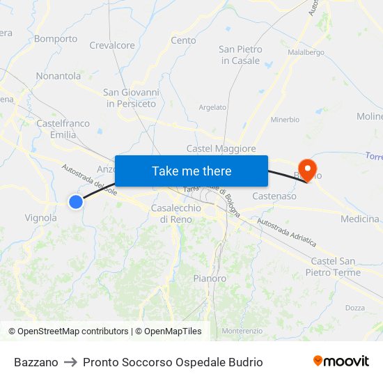 Bazzano to Pronto Soccorso Ospedale Budrio map