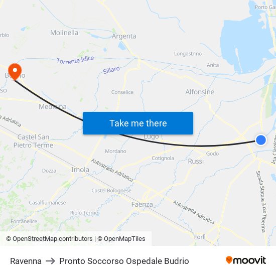 Ravenna to Pronto Soccorso Ospedale Budrio map