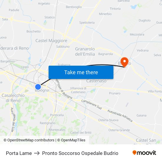 Porta Lame to Pronto Soccorso Ospedale Budrio map