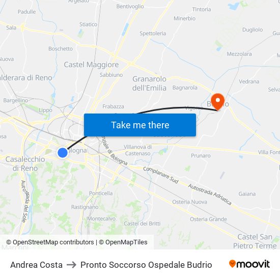 Andrea Costa to Pronto Soccorso Ospedale Budrio map
