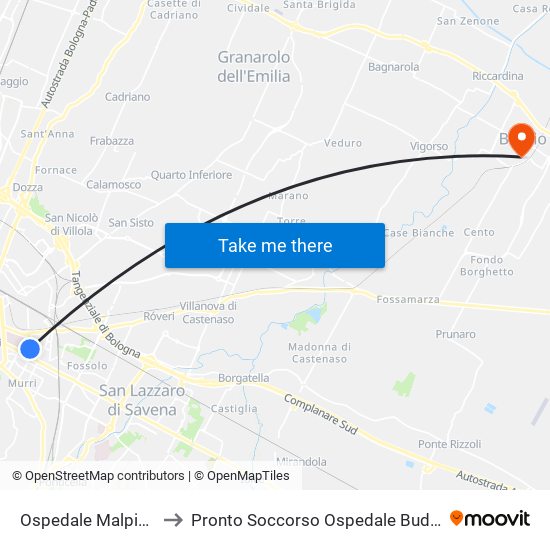 Ospedale Malpighi to Pronto Soccorso Ospedale Budrio map
