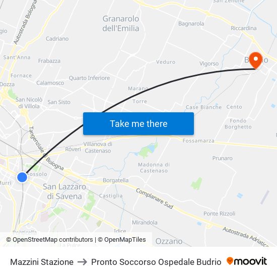 Mazzini Stazione to Pronto Soccorso Ospedale Budrio map