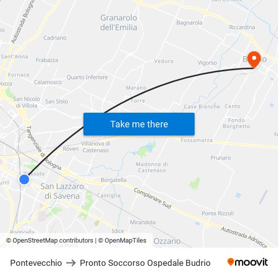 Pontevecchio to Pronto Soccorso Ospedale Budrio map