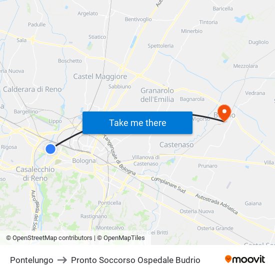 Pontelungo to Pronto Soccorso Ospedale Budrio map