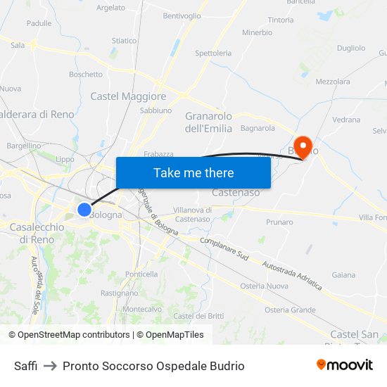 Saffi to Pronto Soccorso Ospedale Budrio map