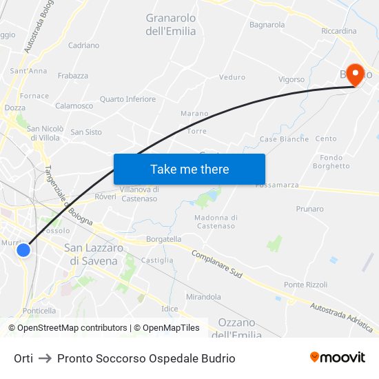 Orti to Pronto Soccorso Ospedale Budrio map