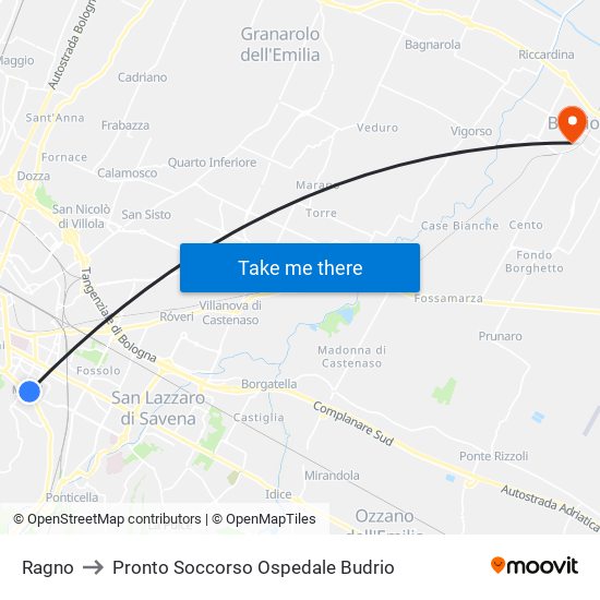 Ragno to Pronto Soccorso Ospedale Budrio map