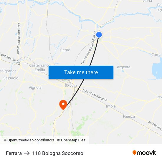 Ferrara to 118 Bologna Soccorso map