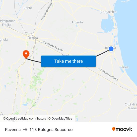 Ravenna to 118 Bologna Soccorso map