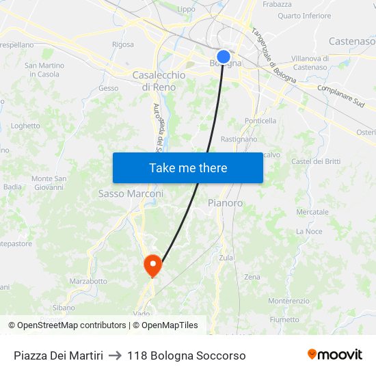 Piazza Dei Martiri to 118 Bologna Soccorso map