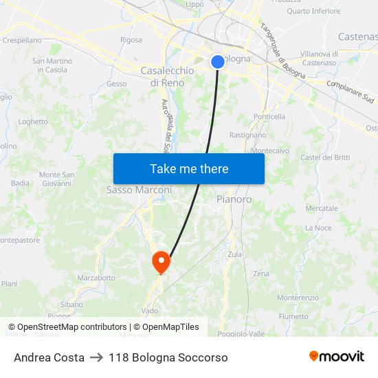 Andrea Costa to 118 Bologna Soccorso map