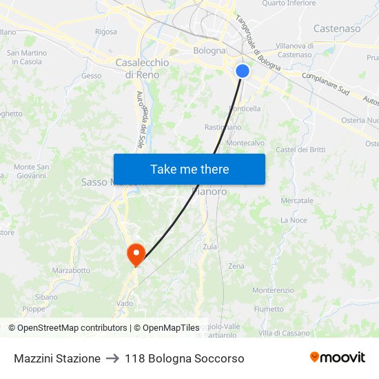 Mazzini Stazione to 118 Bologna Soccorso map