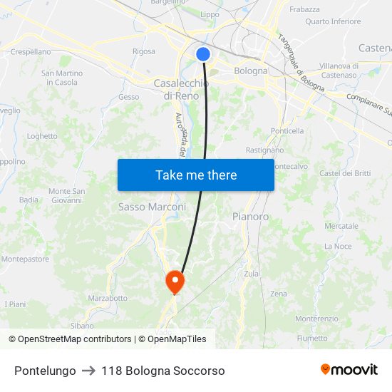 Pontelungo to 118 Bologna Soccorso map