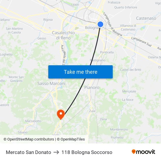 Mercato San Donato to 118 Bologna Soccorso map