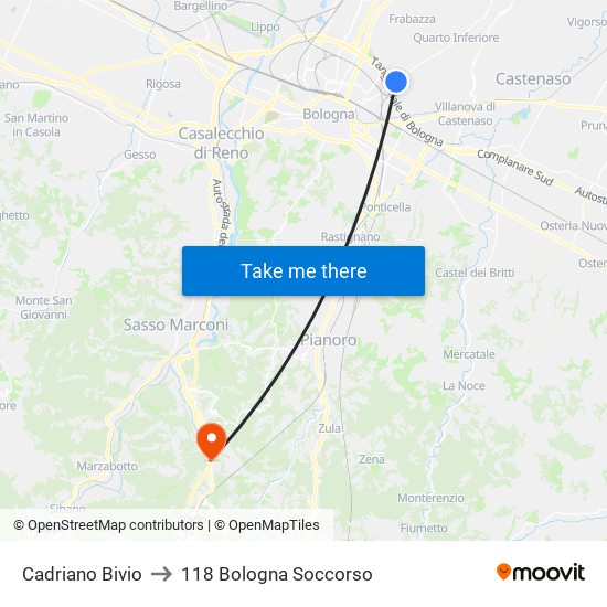 Cadriano Bivio to 118 Bologna Soccorso map