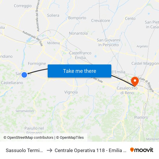 Sassuolo Terminal to Centrale Operativa 118 - Emilia Est map