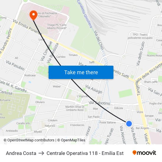 Andrea Costa to Centrale Operativa 118 - Emilia Est map