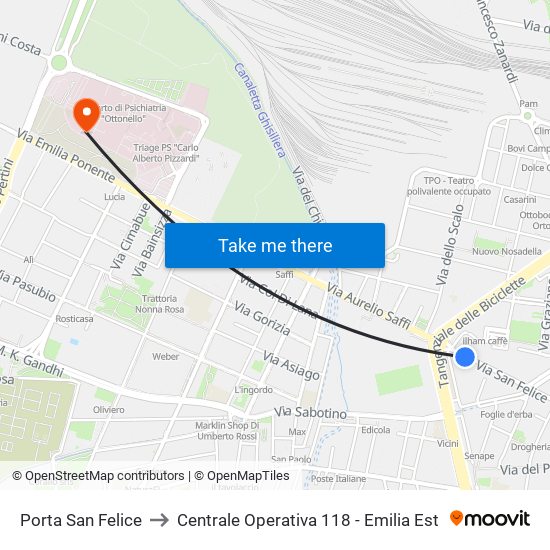 Porta San Felice to Centrale Operativa 118 - Emilia Est map