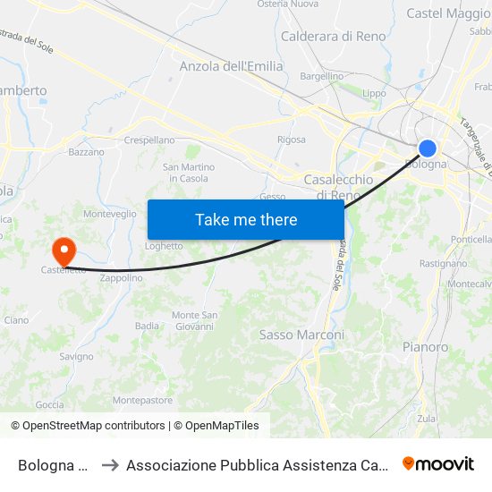 Bologna Centrale to Associazione Pubblica Assistenza Castello Di Serravalle Odv map