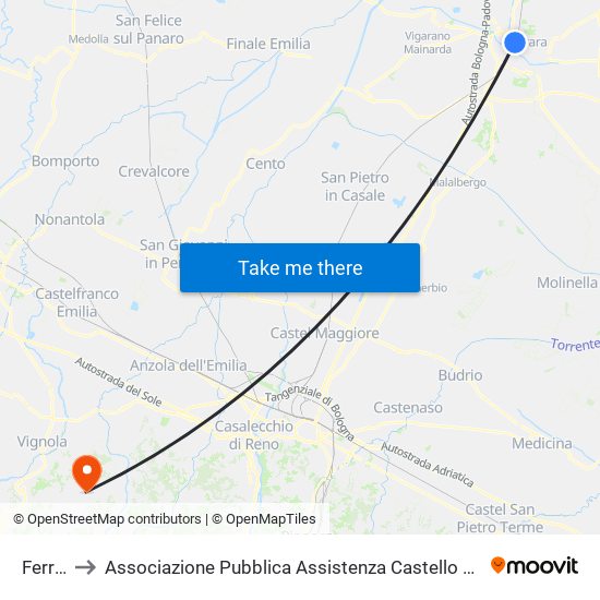 Ferrara to Associazione Pubblica Assistenza Castello Di Serravalle Odv map