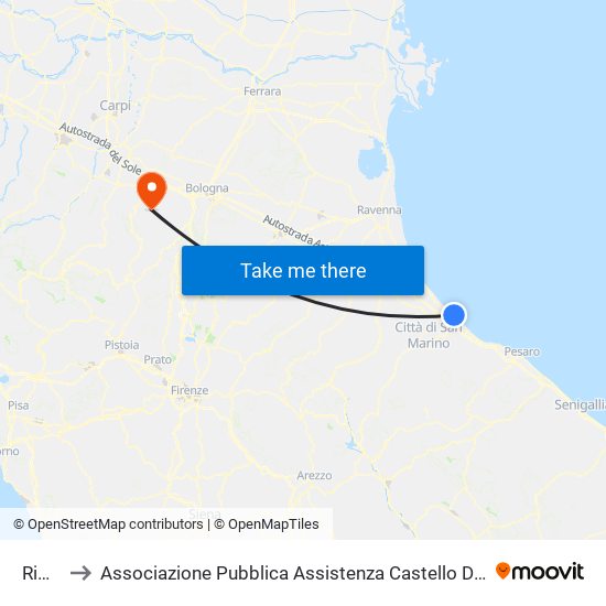 Rimini to Associazione Pubblica Assistenza Castello Di Serravalle Odv map