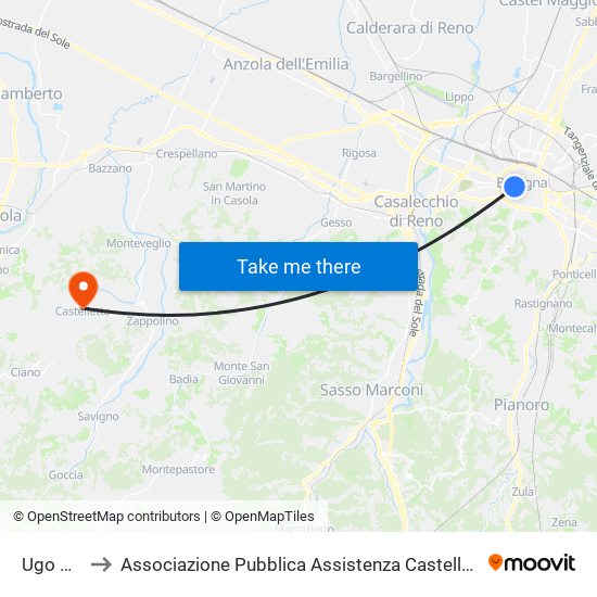 Ugo Bassi to Associazione Pubblica Assistenza Castello Di Serravalle Odv map
