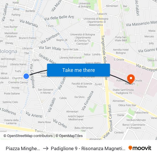 Piazza Minghetti to Padiglione 9 - Risonanza Magnetica map