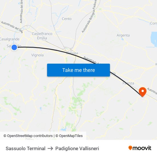 Sassuolo Terminal to Padiglione Vallisneri map