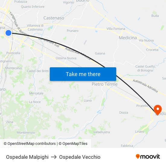 Ospedale Malpighi to Ospedale Vecchio map