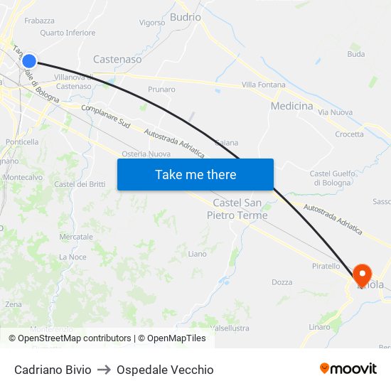 Cadriano Bivio to Ospedale Vecchio map