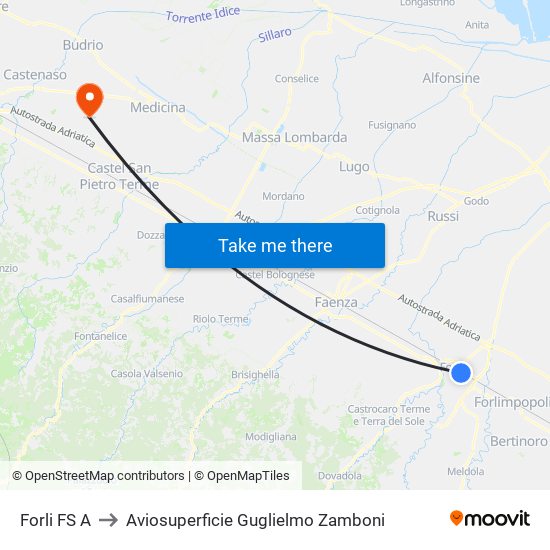 Forli FS A to Aviosuperficie Guglielmo Zamboni map