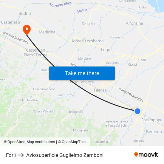 Forlì to Aviosuperficie Guglielmo Zamboni map