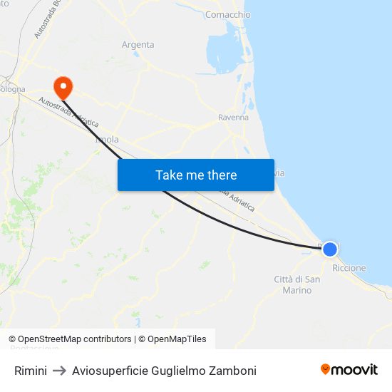 Rimini to Aviosuperficie Guglielmo Zamboni map