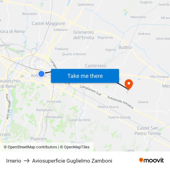 Irnerio to Aviosuperficie Guglielmo Zamboni map