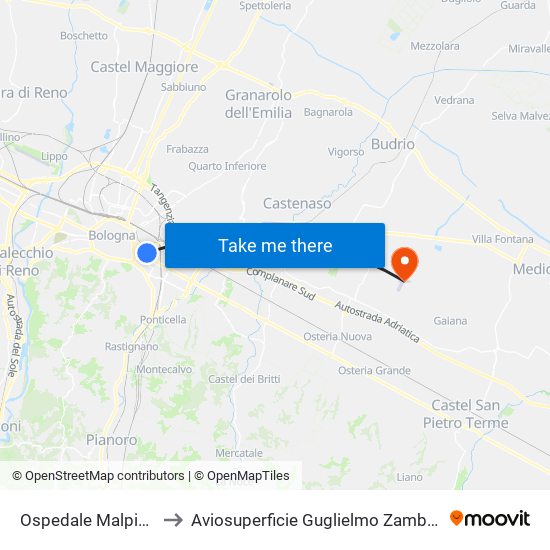 Ospedale Malpighi to Aviosuperficie Guglielmo Zamboni map