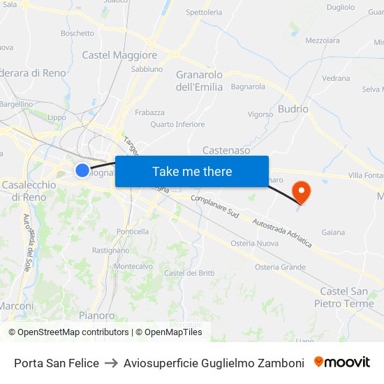 Porta San Felice to Aviosuperficie Guglielmo Zamboni map