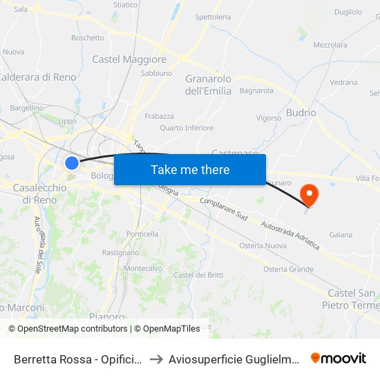 Berretta Rossa - Opificio Golinelli to Aviosuperficie Guglielmo Zamboni map