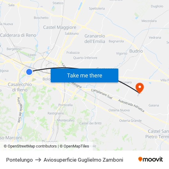 Pontelungo to Aviosuperficie Guglielmo Zamboni map