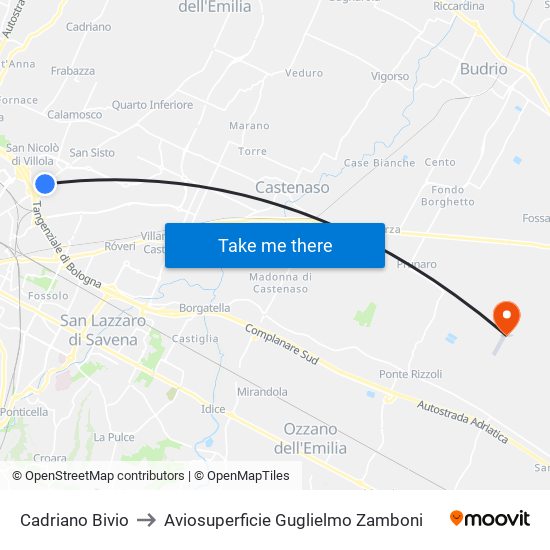 Cadriano Bivio to Aviosuperficie Guglielmo Zamboni map