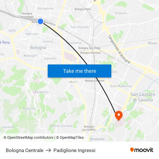 Bologna Centrale to Padiglione Ingressi map