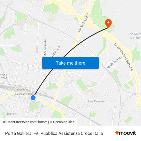 Porta Galliera to Pubblica Assistenza Croce Italia map