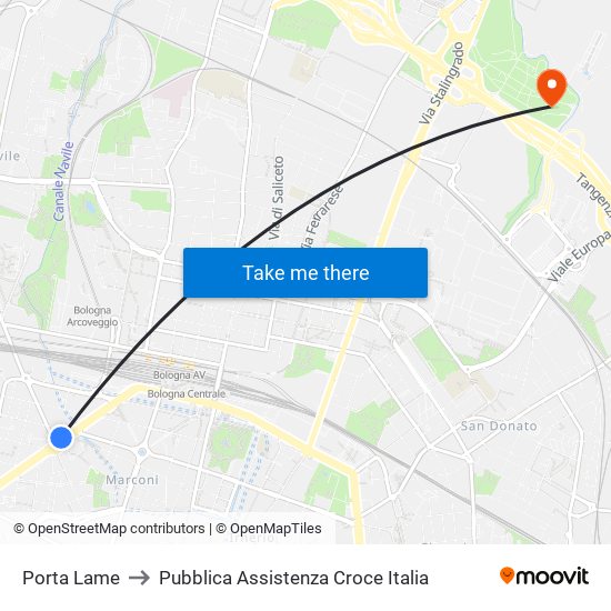 Porta Lame to Pubblica Assistenza Croce Italia map