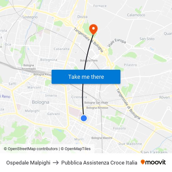 Ospedale Malpighi to Pubblica Assistenza Croce Italia map