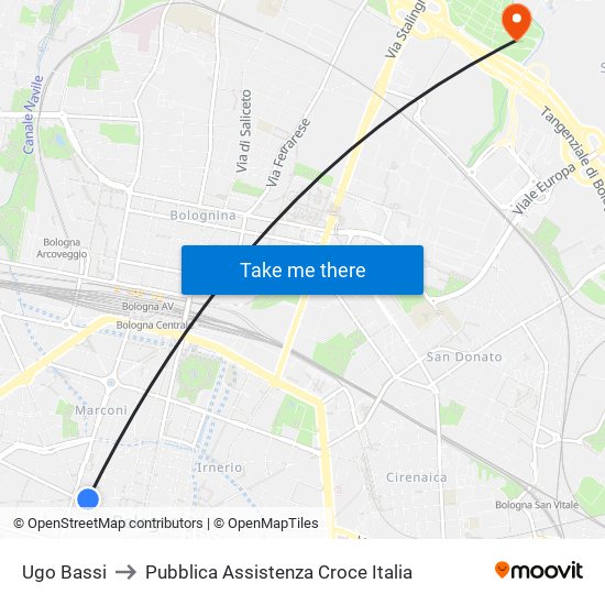 Ugo Bassi to Pubblica Assistenza Croce Italia map