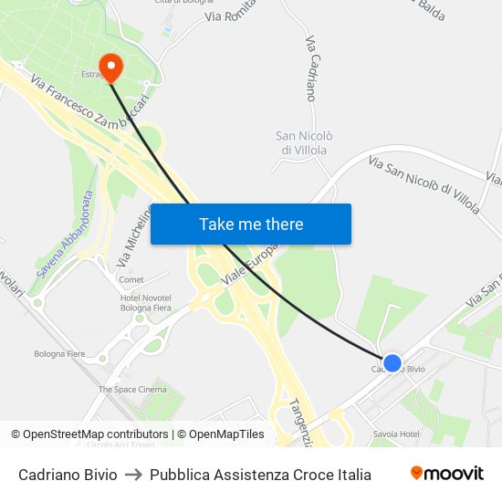 Cadriano Bivio to Pubblica Assistenza Croce Italia map